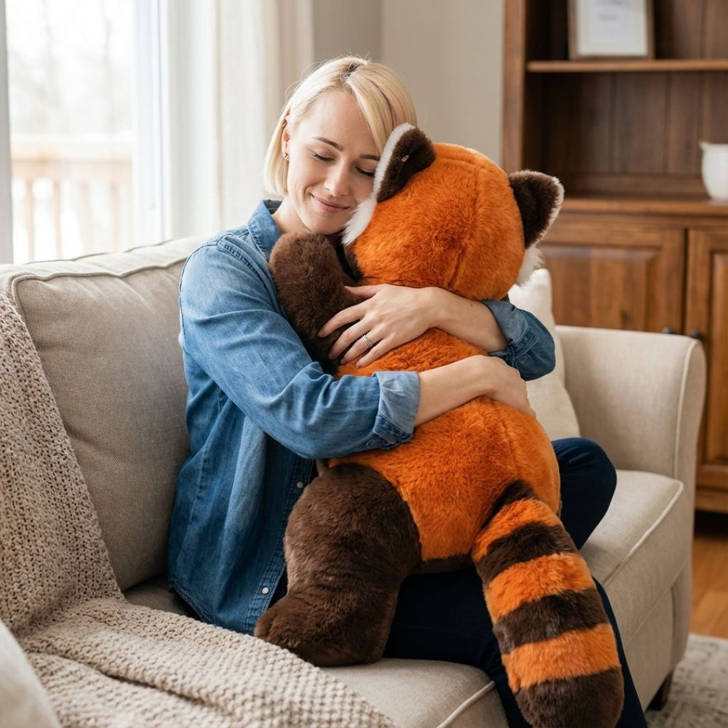 Woman hugging a large stuffed panda bear on a couch in a cozy living room.