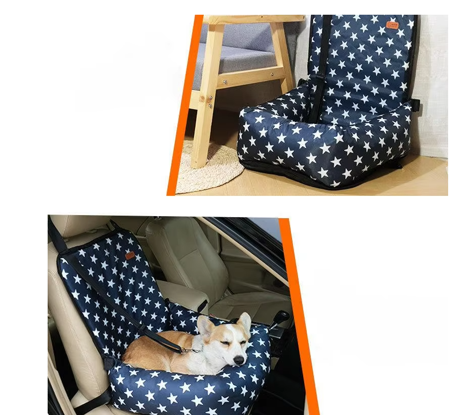 Navy blue car seat cover with white star pattern on a car seat.