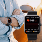 Smartwatch displaying heart rate on a blurred outdoor background