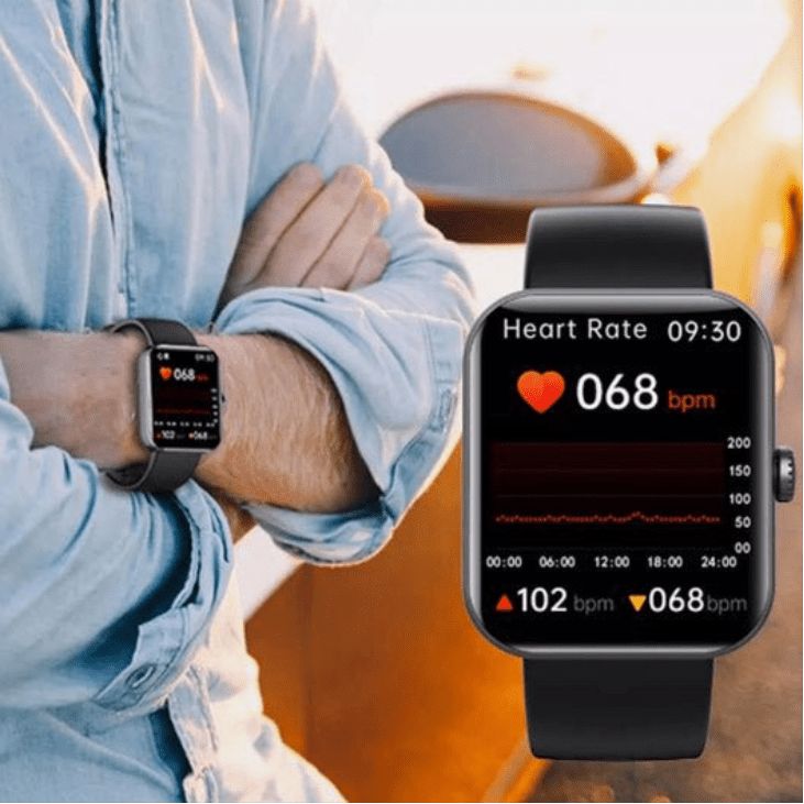 Smartwatch displaying heart rate on a blurred outdoor background