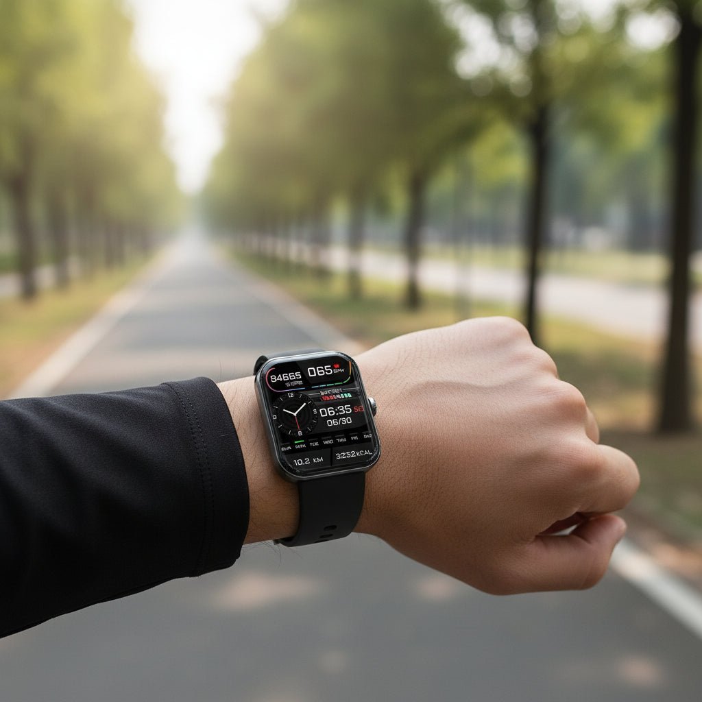 Person wearing a smartwatch with a scenic road in the background