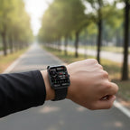 Person wearing a smartwatch with a scenic road in the background