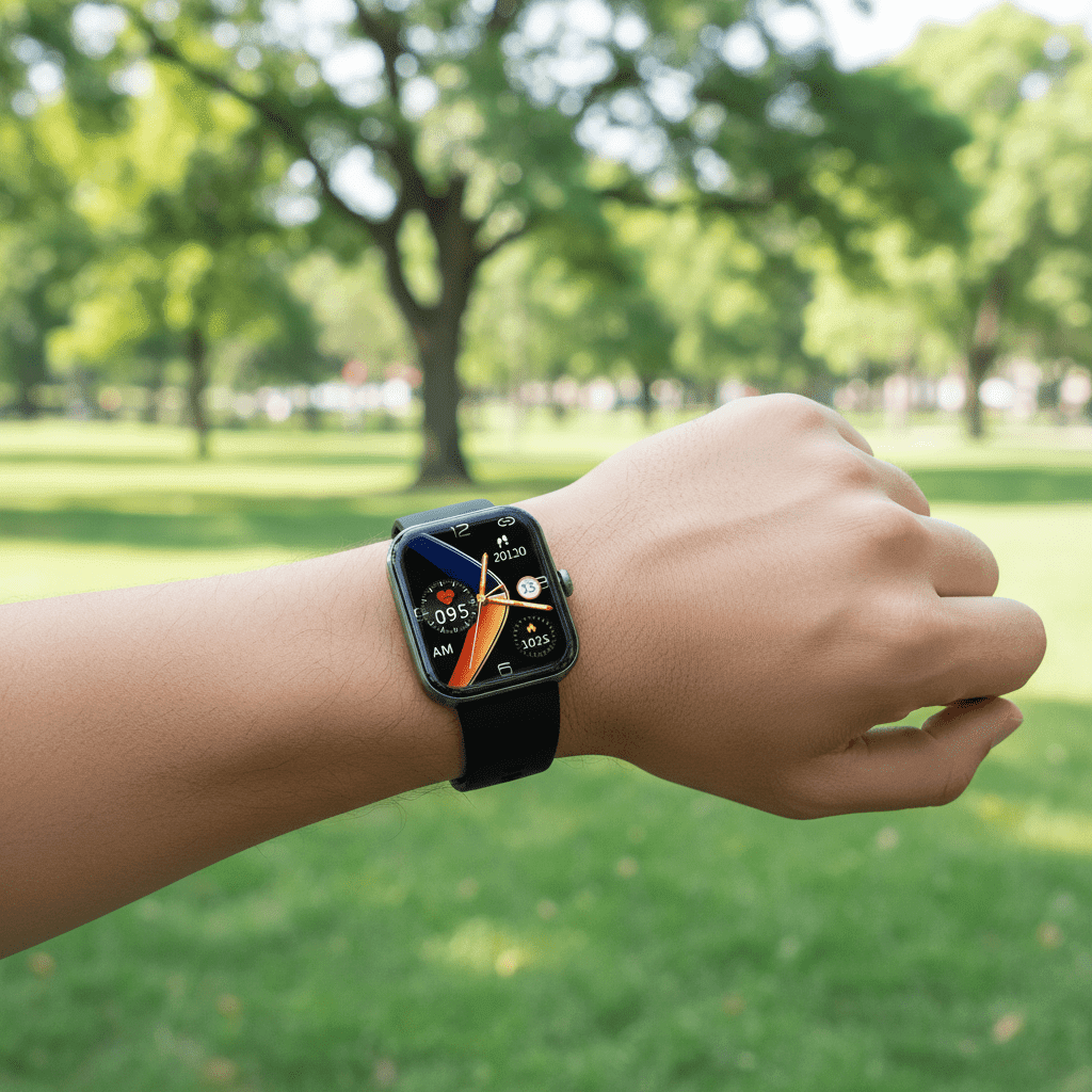 Person wearing a smartwatch with a park in the background