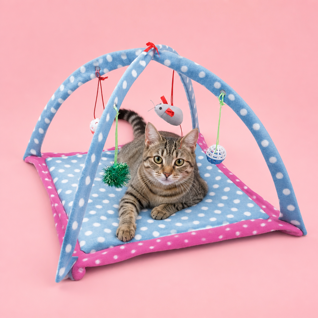 Cat playing with a polka dot cat gym on a pink background