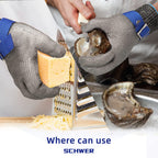 Person using Schwer gloves to open oysters with a grater on a cutting board.