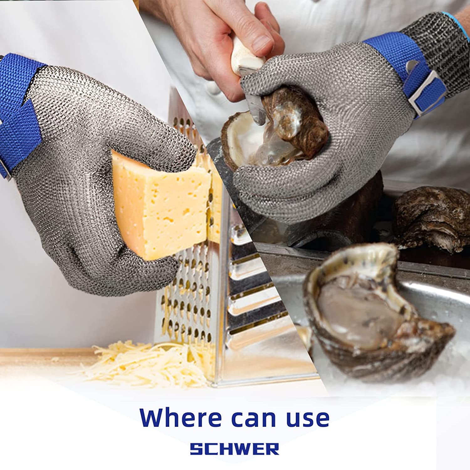 Person using Schwer gloves to open oysters with a grater on a cutting board.