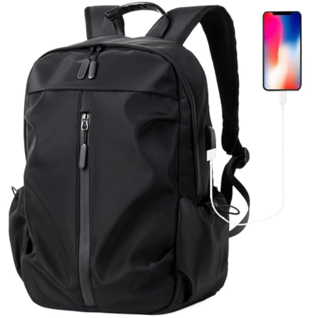 Black backpack with USB port on a white background