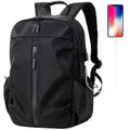 Black backpack with USB port on a white background