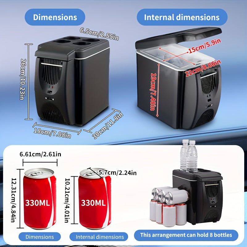 Dimensions and internal dimensions of a small black refrigerator with measurements shown.