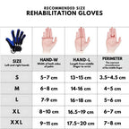 Size chart for rehabilitation gloves showing hand measurements and glove dimensions.