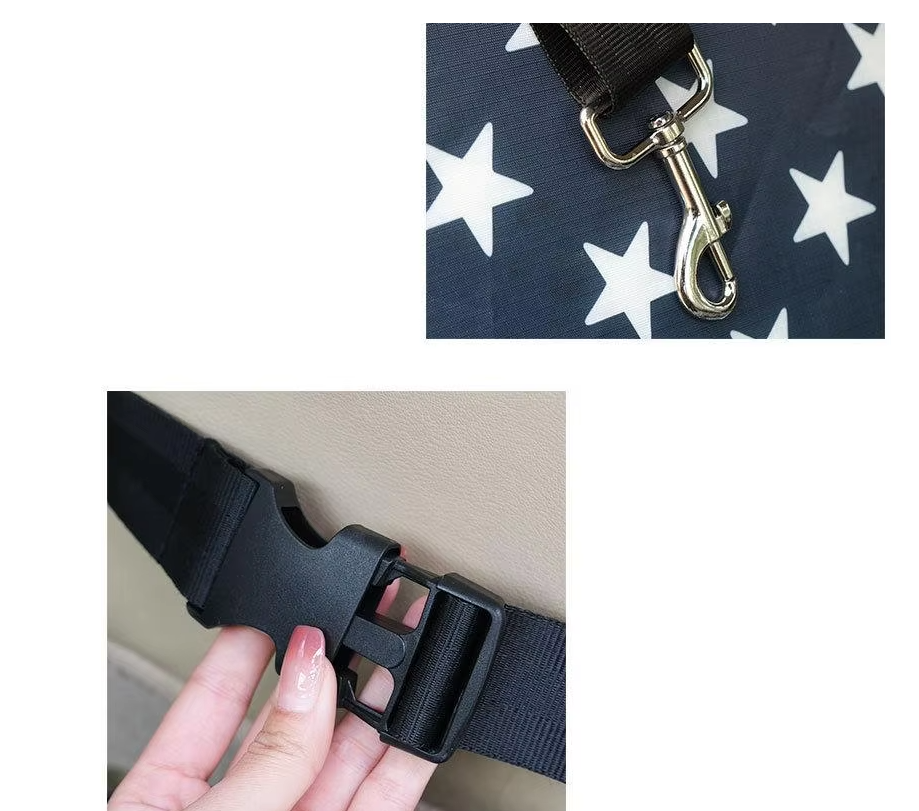 Black strap with gold clasp on a navy background with white stars, close-up of black strap buckle.