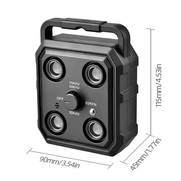 Black electronic device with measurement details on a white background