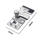 Metal sewing machine presser foot with dimensions on a white background
