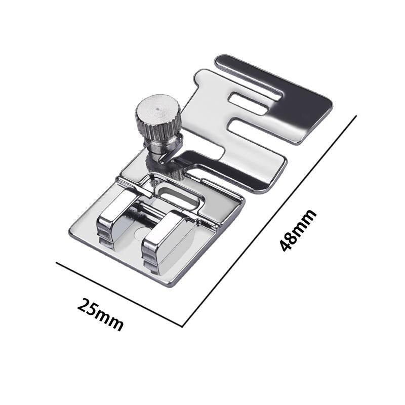 Metal sewing machine presser foot with dimensions on a white background