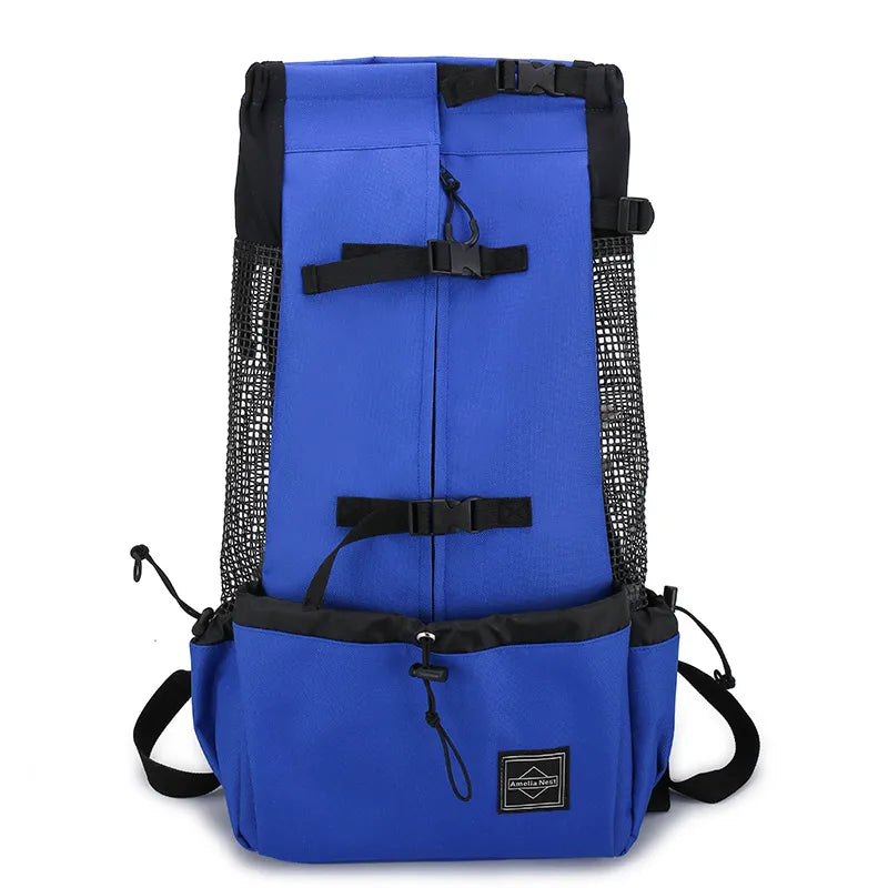 Blue backpack with black straps on a white background