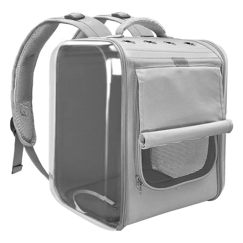 Gray pet carrier backpack with clear front panel on a white background