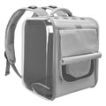 Gray pet carrier backpack with clear front panel on a white background