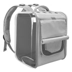 Gray pet carrier backpack with clear front panel on a white background