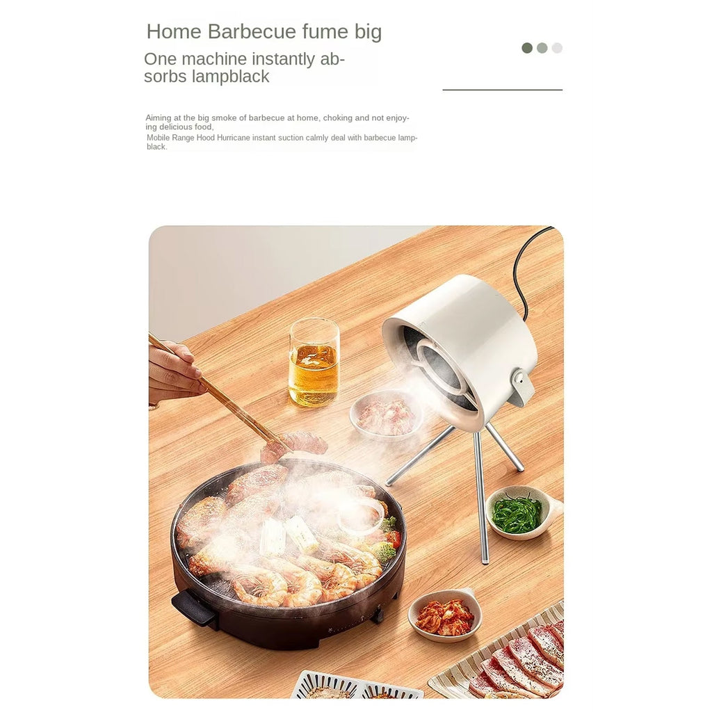 Table with cooking setup, steam rising from a pot, and a machine emitting smoke on a light background.