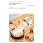 Table with cooking setup, steam rising from a pot, and a machine emitting smoke on a light background.