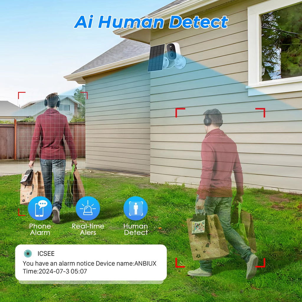 Person walking with groceries near a house with AI human detection system in action.