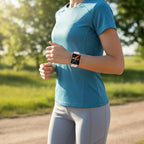 Person wearing a blue athletic shirt and gray leggings outdoors, with a blurred natural background