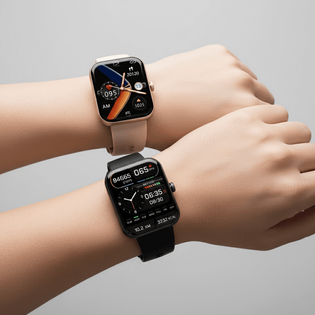 Two smartwatches on a person's wrist against a gray background