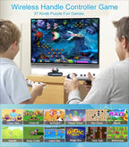 Two people playing a wireless handle controller game with a TV screen displaying an underwater puzzle game.