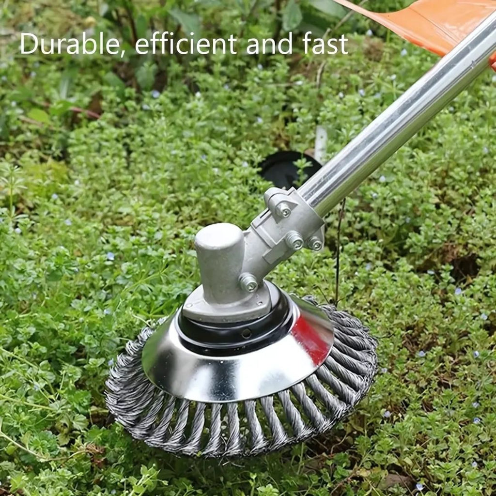 Gardening tool with brush head on grass, labeled 'Durable, efficient and fast'.