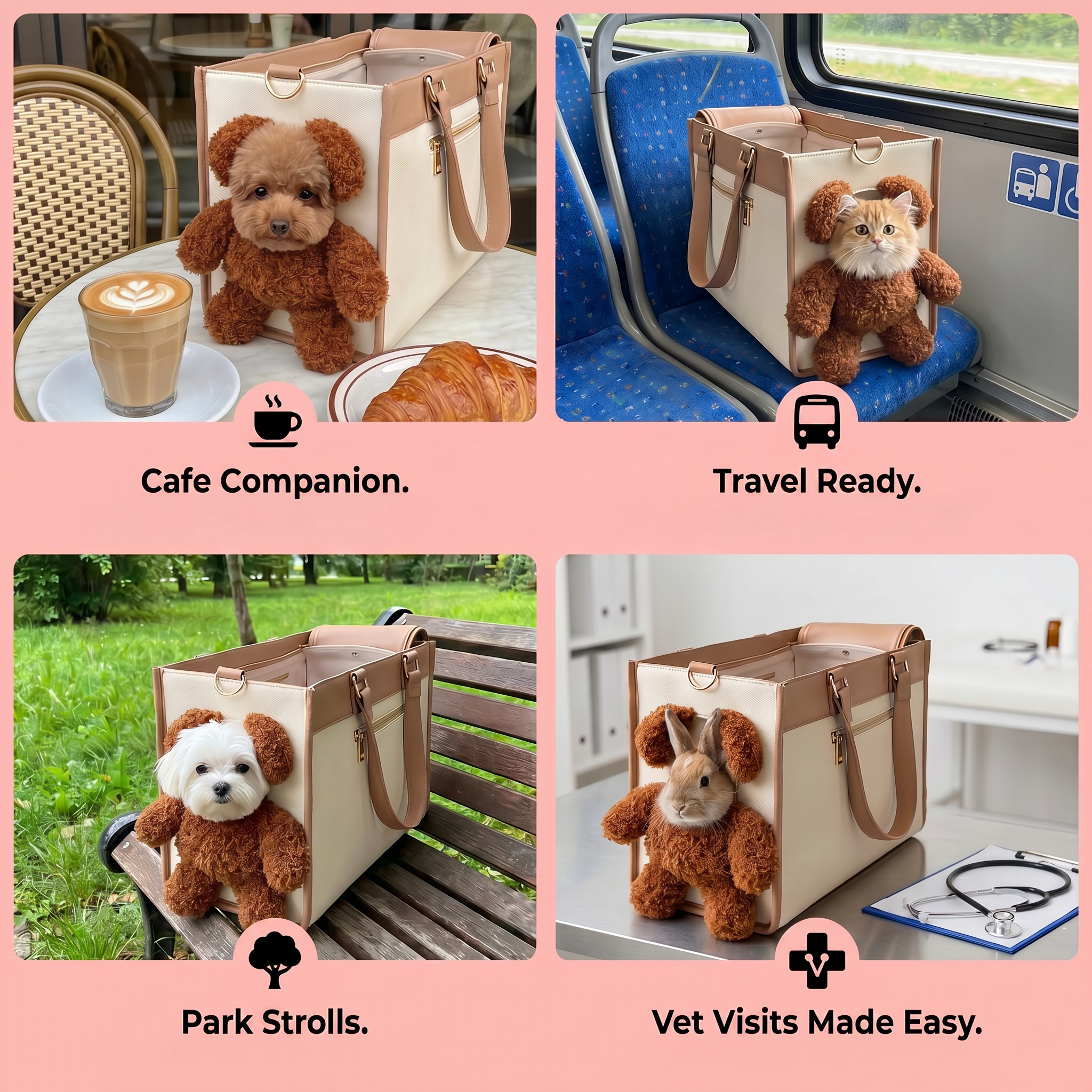 Collage of a pet carrier with stuffed animals in various settings, including a cafe, train, park, and vet clinic.
