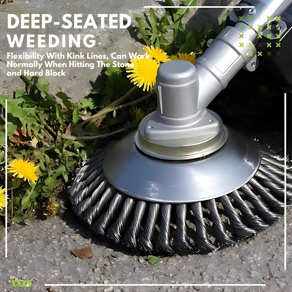 Garden weeding tool with text on deep-seated weeding and flexibility.