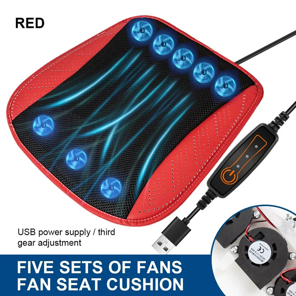 Red fan seat cushion with five blue fans and USB power supply on a white background