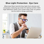 Person wearing blue light filtering glasses while using a laptop with text about blue light protection and eye care.