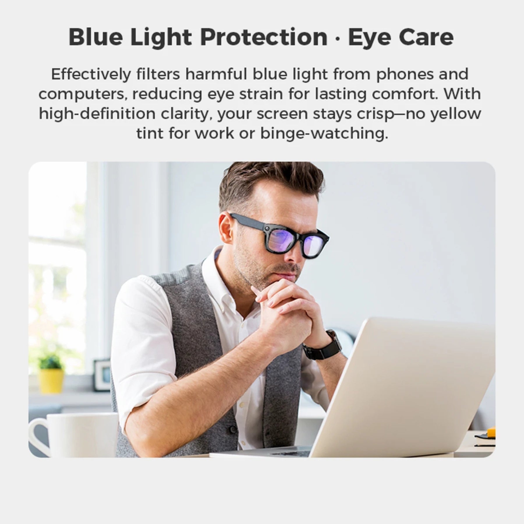 Person wearing blue light filtering glasses while using a laptop with text about blue light protection and eye care.