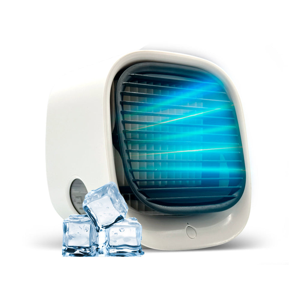 Portable air conditioner with blue light and ice cubes on a white background