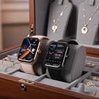 Two smartwatches in a jewelry display case with necklaces and rings in the background.