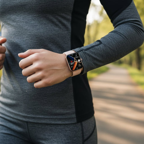 Person wearing a smartwatch outdoors on a blurred natural background