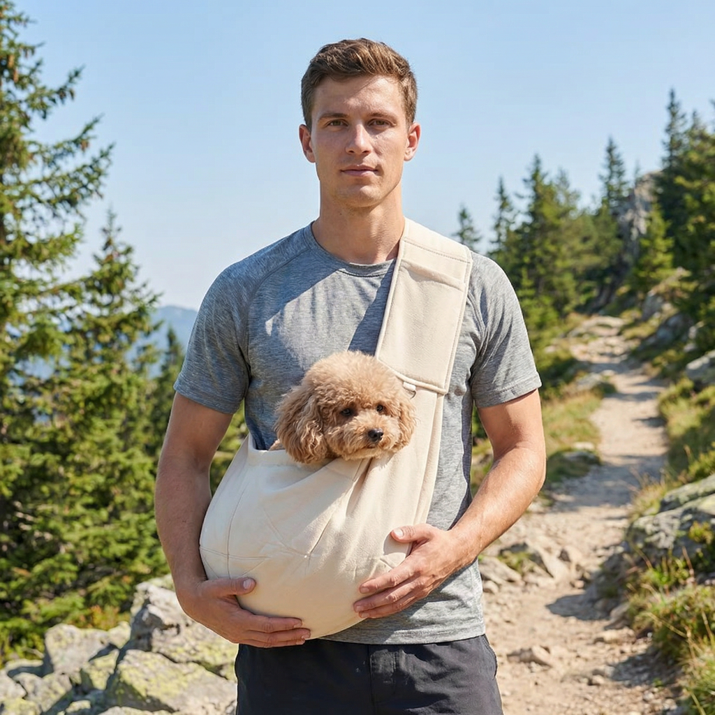 Man holding a dog in a sling outdoors with trees and sky in the background