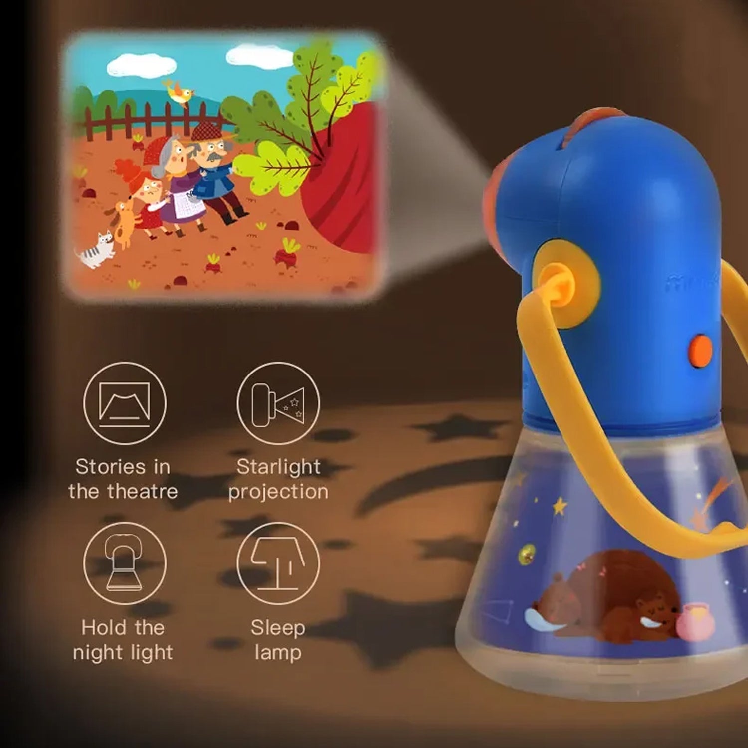 Children's night light with cartoon projection on a dark background