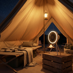 Interior of a cozy tent with a bed, lantern, and outdoor view at night.