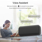Woman on a couch with a Bluetooth speaker and text indicating voice assistant functionality.