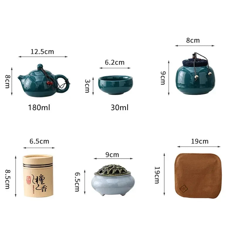 Set of ceramic tea items with measurements on a white background