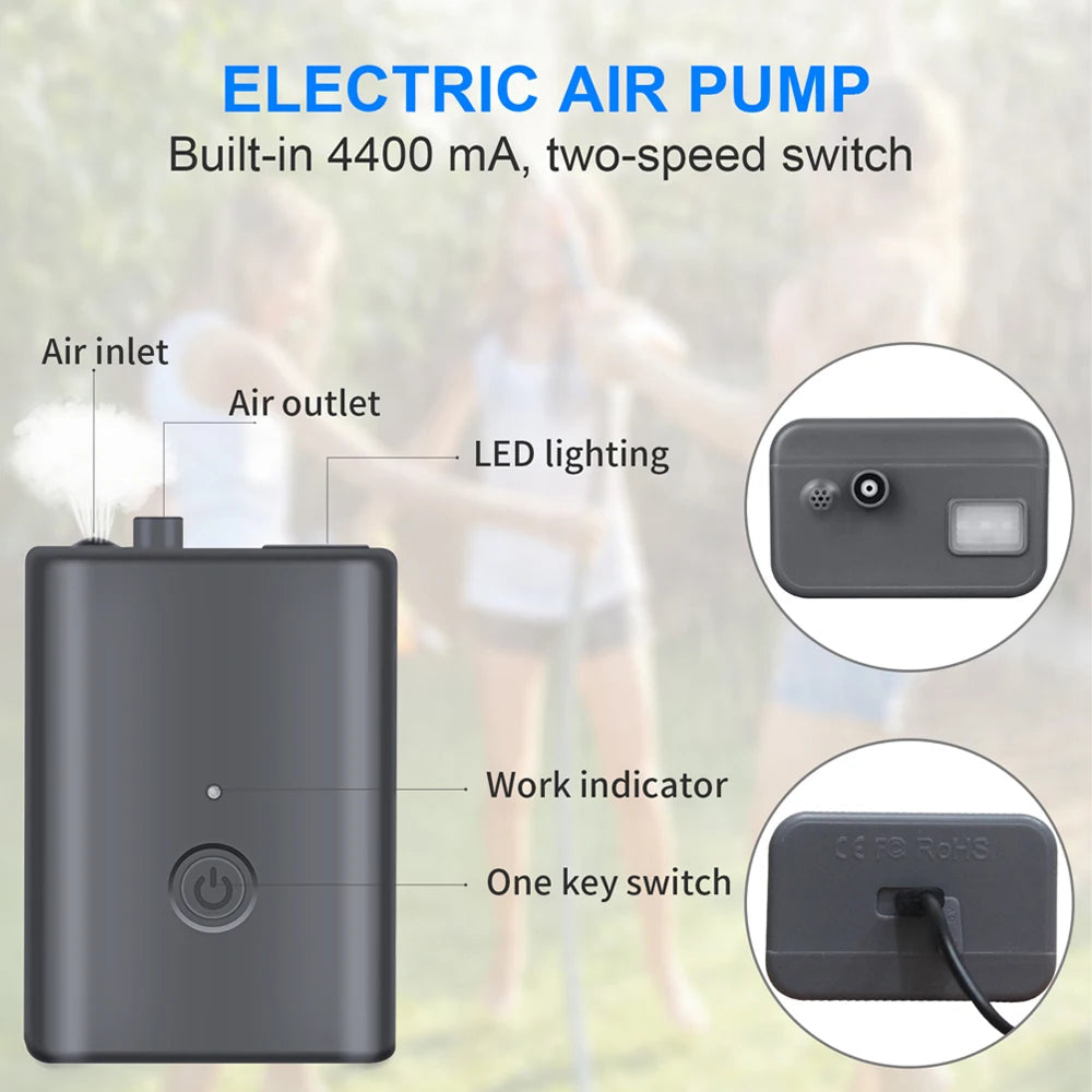 Electric air pump with features highlighted on a blurred background