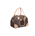 Pet carrier with brown and beige design on a white background
