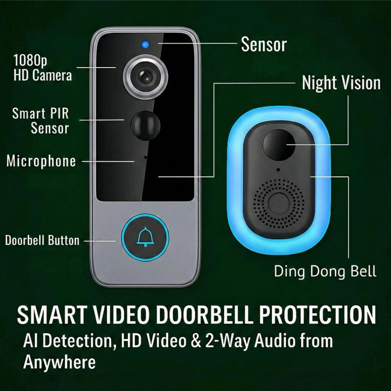Smart video doorbell with labeled components on a dark background