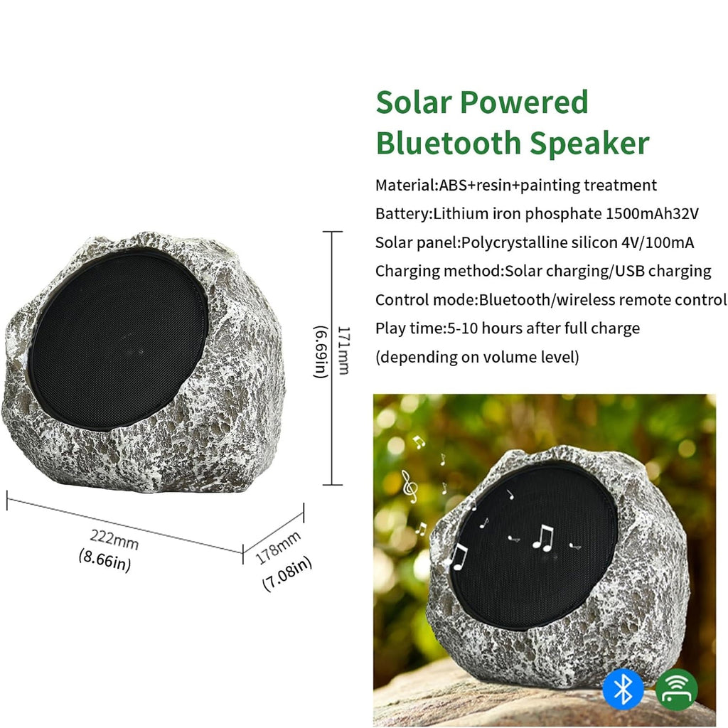 Solar-powered Bluetooth speaker with specifications and dimensions on a white background