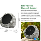 Solar-powered Bluetooth speaker with specifications and dimensions on a white background