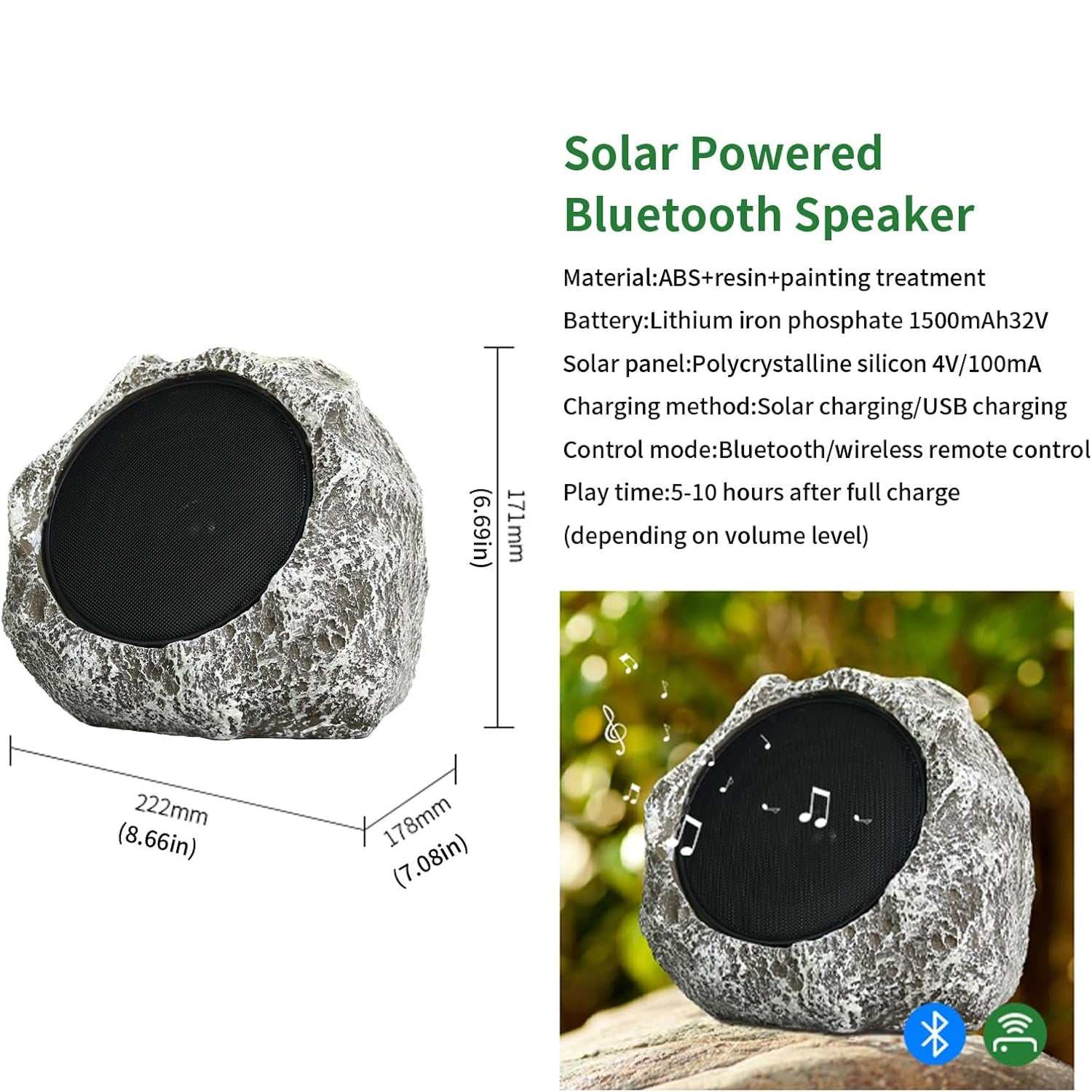 Solar-powered Bluetooth speaker with specifications and dimensions on a white background