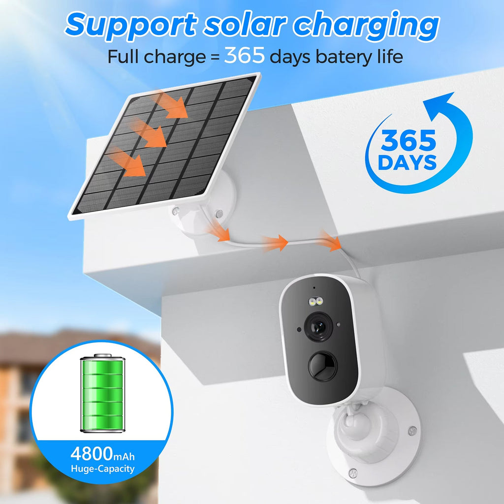 Solar-powered security camera with solar panel and battery indicators on a clear sky background