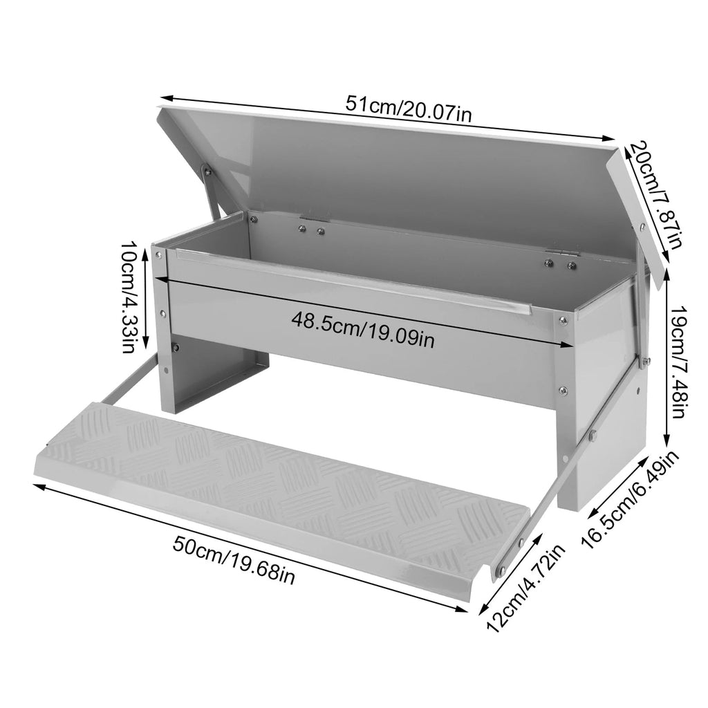 Metal step stool with dimensions labeled on a white background